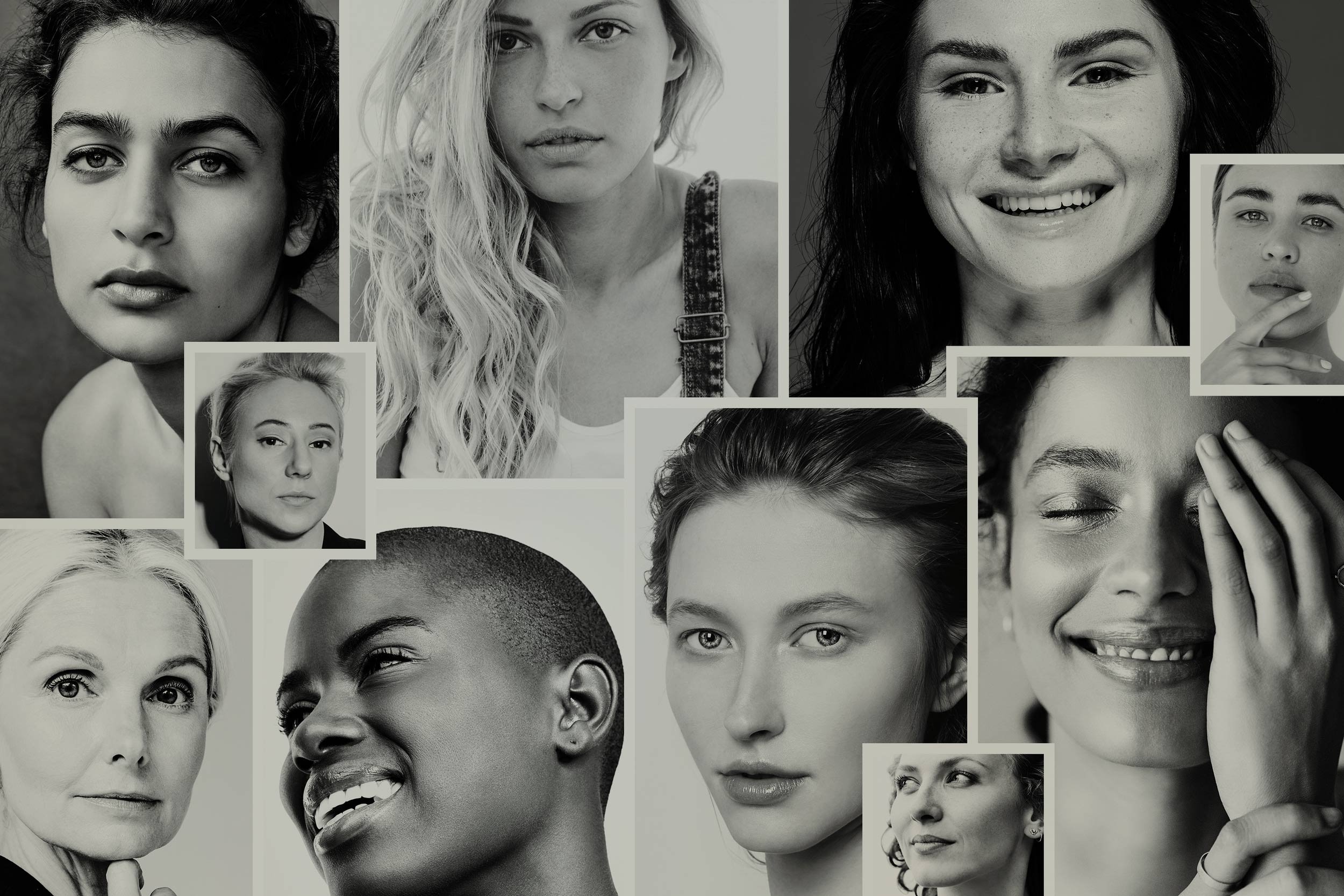 Collage of black-and-white headshots of diverse women with various expressions.